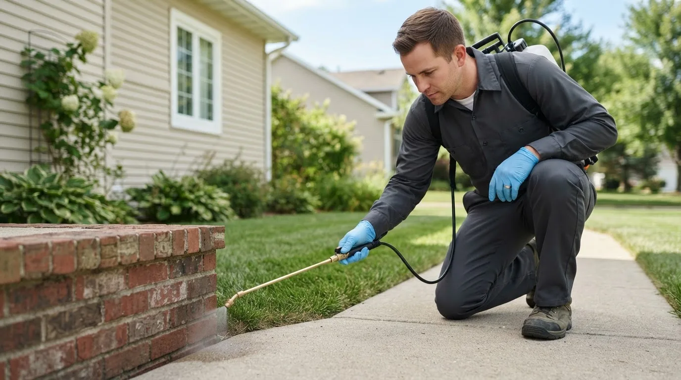 Pest control technician treating a home near Brookfield, WI